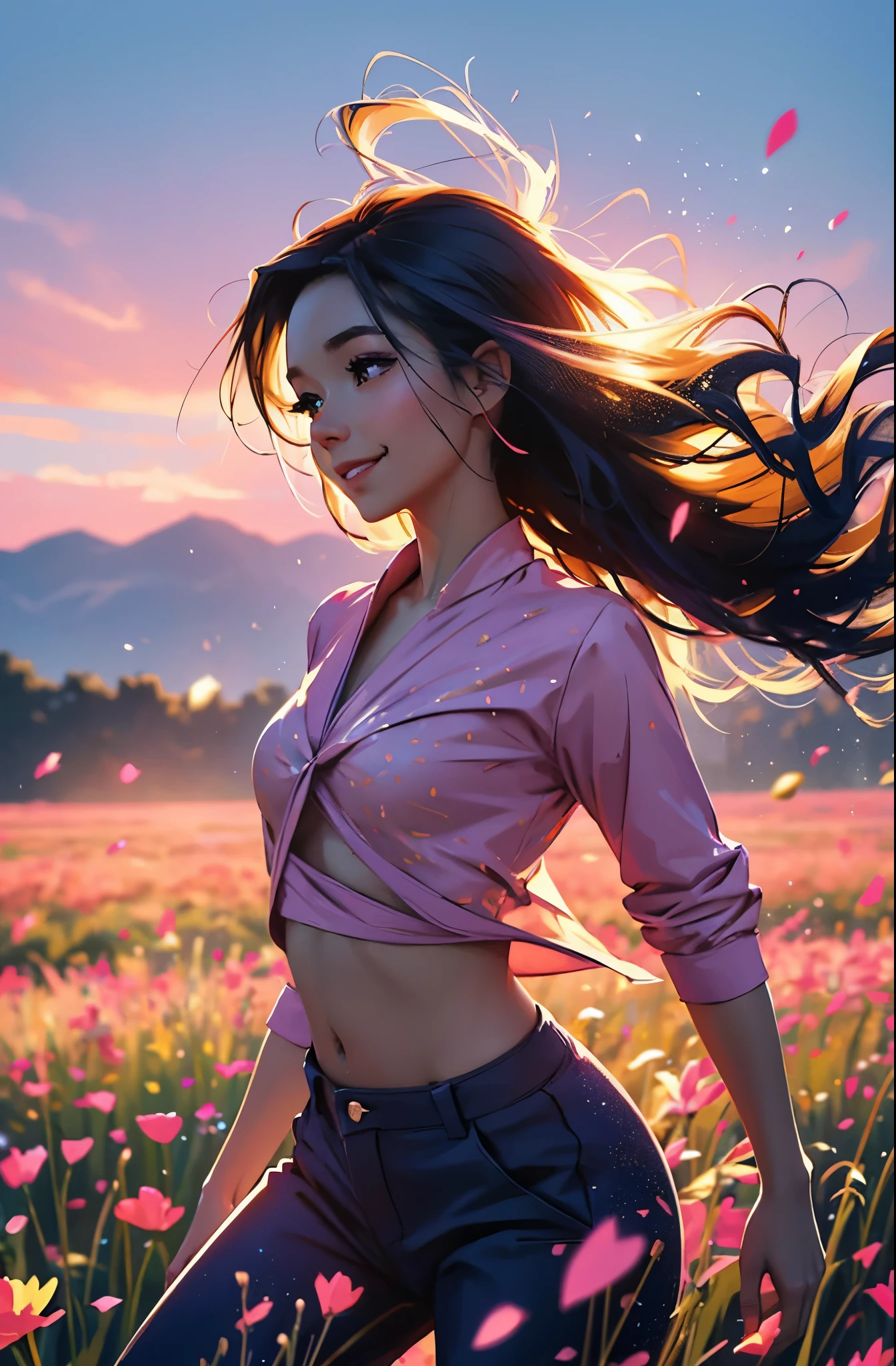 award winning arte digital, Retrato de medio cuerpo de una hermosa mujer con una camisa de seda rosa y pantalones cargo con un peinado azul marino verde azulado con la cabeza en movimiento y el pelo largo volando, gran sonrisa, Ojos chispeantes, sexy, en un campo de flores, atardecer dorado, Partículas de polvo, Brillantina, salpicaduras de pintura, salpicar, correr más que, vaporizador, ilustración plana sombreada, arte digital, tendencia en artstation, muy detallado, buen detalle, Intrincado