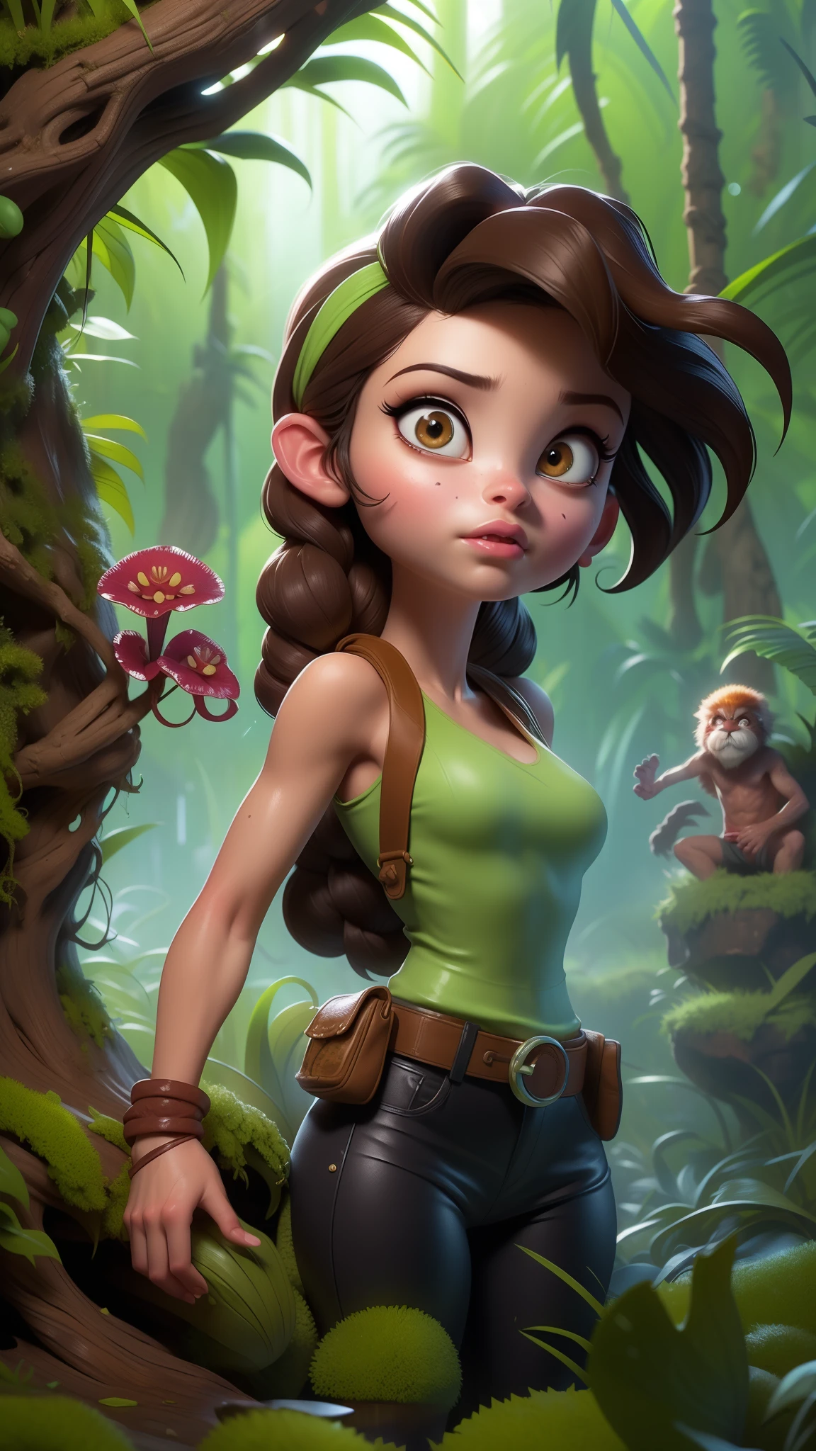 (La Best Quality,A high resolution,Ultra - detailed,actual),  Lara Croft from Tomb Raider, ruined city in the jungle, soggy,More detailed 8K.unreal engine:1.4,HD,La Best Quality:1.4, photorealistic:1.4, skin texture:1.4, Masterpiece:1.8,Masterpiece, Best Quality,object object], (detailed facial features:1.3),(The correct proportions),(convex Detailed fingers),(Beautiful blue eyes),(cowboy pose ), (background African jungle ruins carnivorous plants.:1.4) ,(hair braid pigtail) 