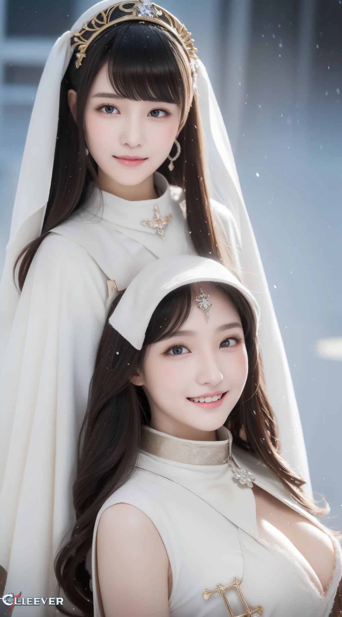 perfect figure beautiful girl:1.4, 17years old, smile, cleavage, huge breast Layered Hair Style, (Cleric:1.5), Jewelry Decoration, veil, Highly Detailed Face and Skin Textur, double-edged eyelid, Whiten the skin, long hair,  (background snow plains), diamond dust,