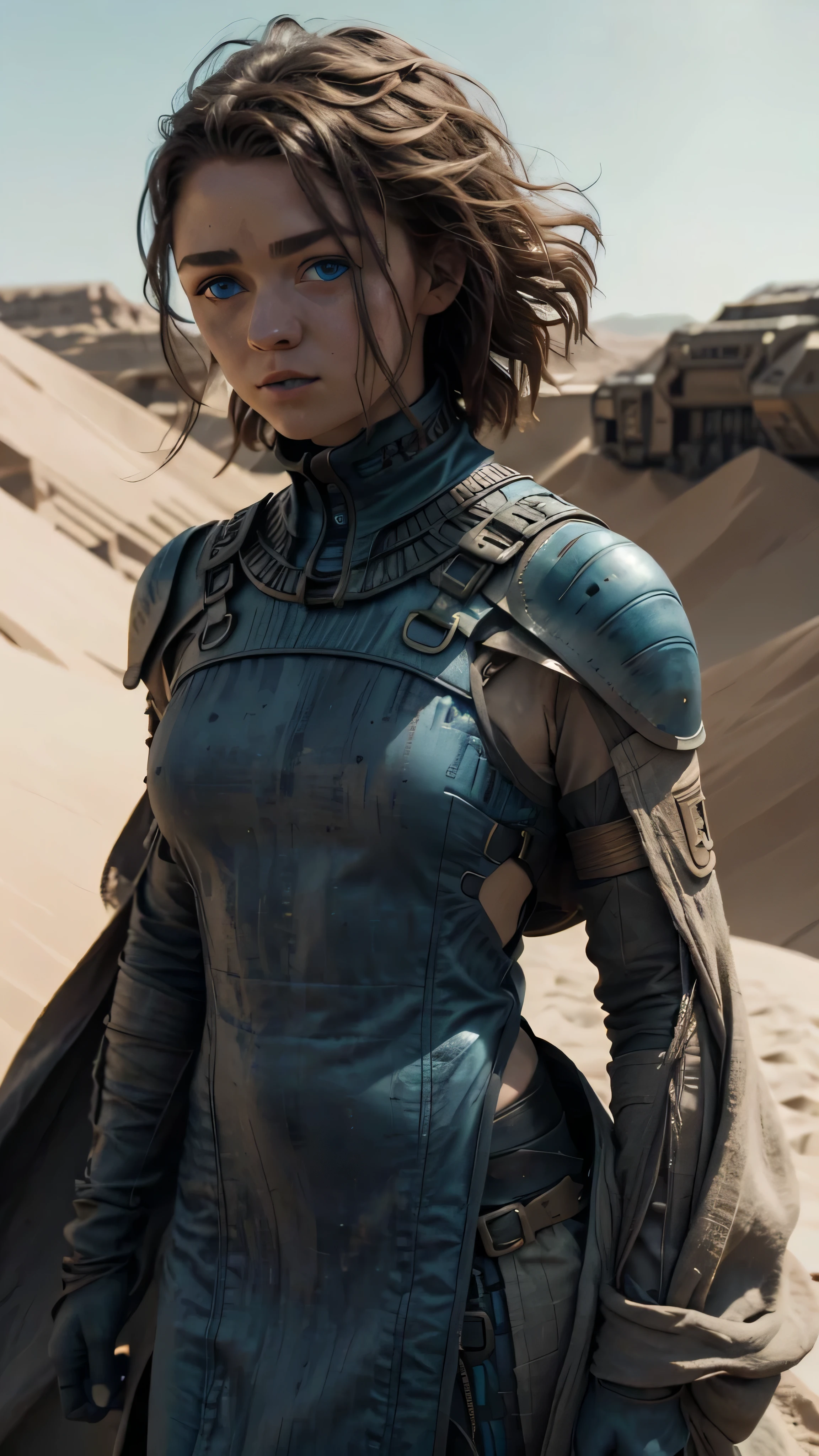 Dune style, maisiewilliams, Frank Herbert's Dune universe, in the desert, a lot of dust in the air, background of blue eyes, blue eyes (full blue eyes), 1woman, solo, beautiful detailed glow, detailed, cinematic light, intricate detail, realistic, highres, detailed facial features, high detail, sharp focus, smooth, aesthetic, extremely detailed, stamp, octane render