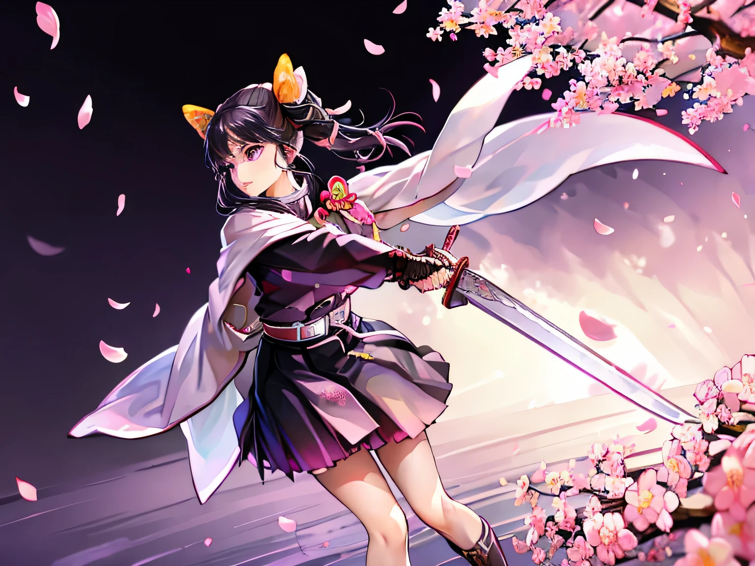 (masterpiece), (highest quality), (wonderful), (attack action), ((wield a sword)), ((cherry blossom petals around the sword)), ((pink slash)), starry night, ((kanao tsuyuri)), black hair, butterfly, butterfly hair ornament, purple eyes, side ponytail, ponytail, black skirt, cape, ((demon slayer uniform)), long sleeve, pleated skirt, skirt, white cape, detailed face, intricate design, sharp focus,alone