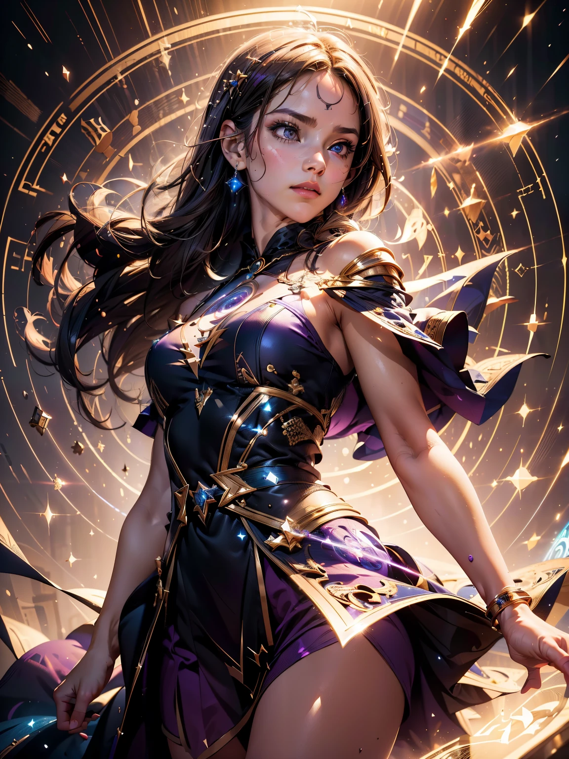 (best quality,4k,8k,highres,masterpiece:1.2), ultra-detailed, realistic:1.37, girl alone, Celine Jules casting spells, serious, purple dress, forehead mark, jewelry, magical circle, abstract background, swirling light, lightning magic, dynamic posture