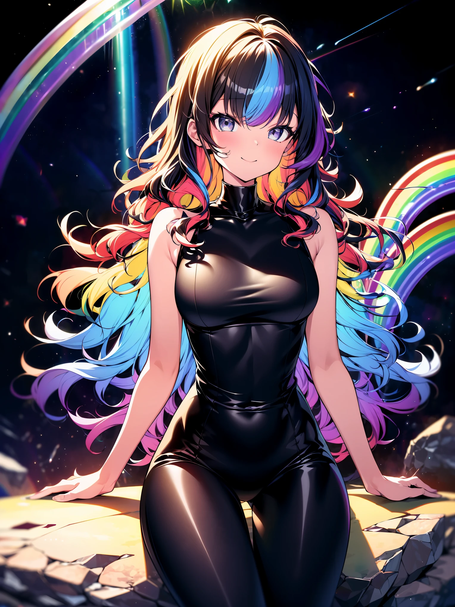 (cowboy shot), (best quality, ultra-high resolution, depth of field:1.2), adult, 1woman, medium breasts, wide hips, athletic figure, mid-air twist, wavy hair (rainbow highlights:1.6), colorfulmix, sitting on an asteroid, looking at viewer, space scenery, galaxy, gentle smile