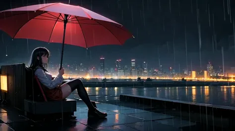 Make an animated wallpaper where a girl sits sad and it’s raining all around
