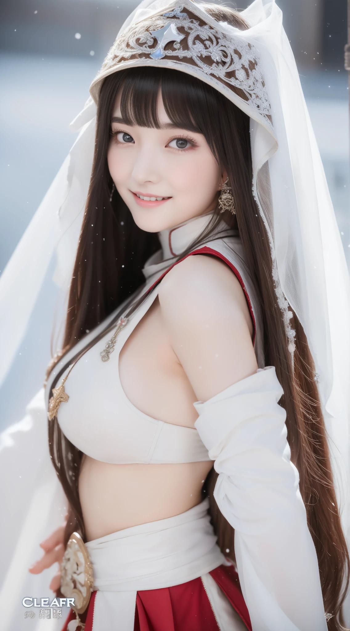 perfect figure beautiful girl:1.4, 17years old, smile, cleavage, huge breast Layered Hair Style, (Cleric:1.5), Jewelry Decoration, veil, Highly Detailed Face and Skin Textur, double-edged eyelid, Whiten the skin, long hair,  (background snow plains), diamond dust,