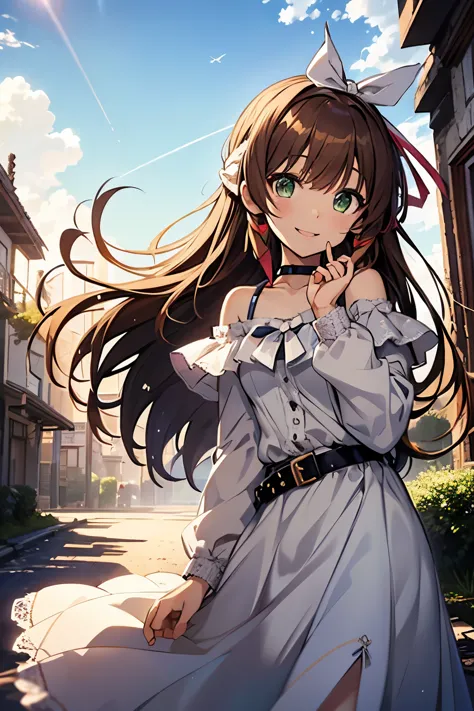 shoko sashinami, valvrave, 1 girl, brown hair, green eyes, fantasy world, ruins, fort, beautiful sky, shining sky, sunshine, smi...