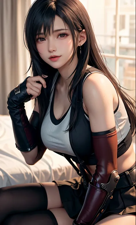 Final Fantasy VII, (blush your nose), シングルelbow pads, ankle boots, black hair, black skirt, black Thighhighs, red boots, elbow b...