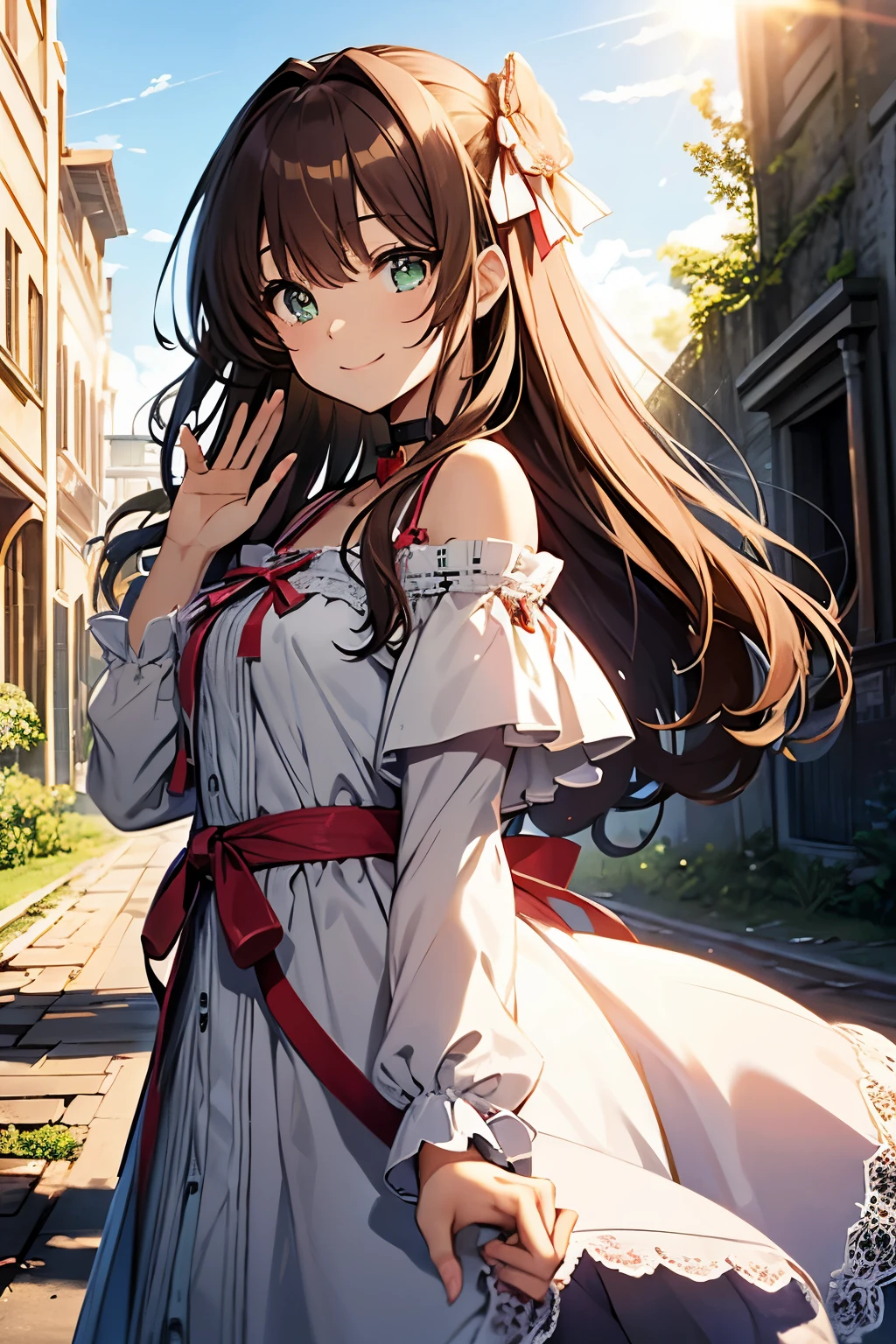 shoko sashinami, valvrave, 1 girl, brown hair, green eyes, fantasy world, ruins, fort, beautiful sky, shining sky, sunshine, smiling, waving, belt, ribbon choker, choker, ribbon, dress, lace dress, black camisole and white sweater, off-shoulder sleeves