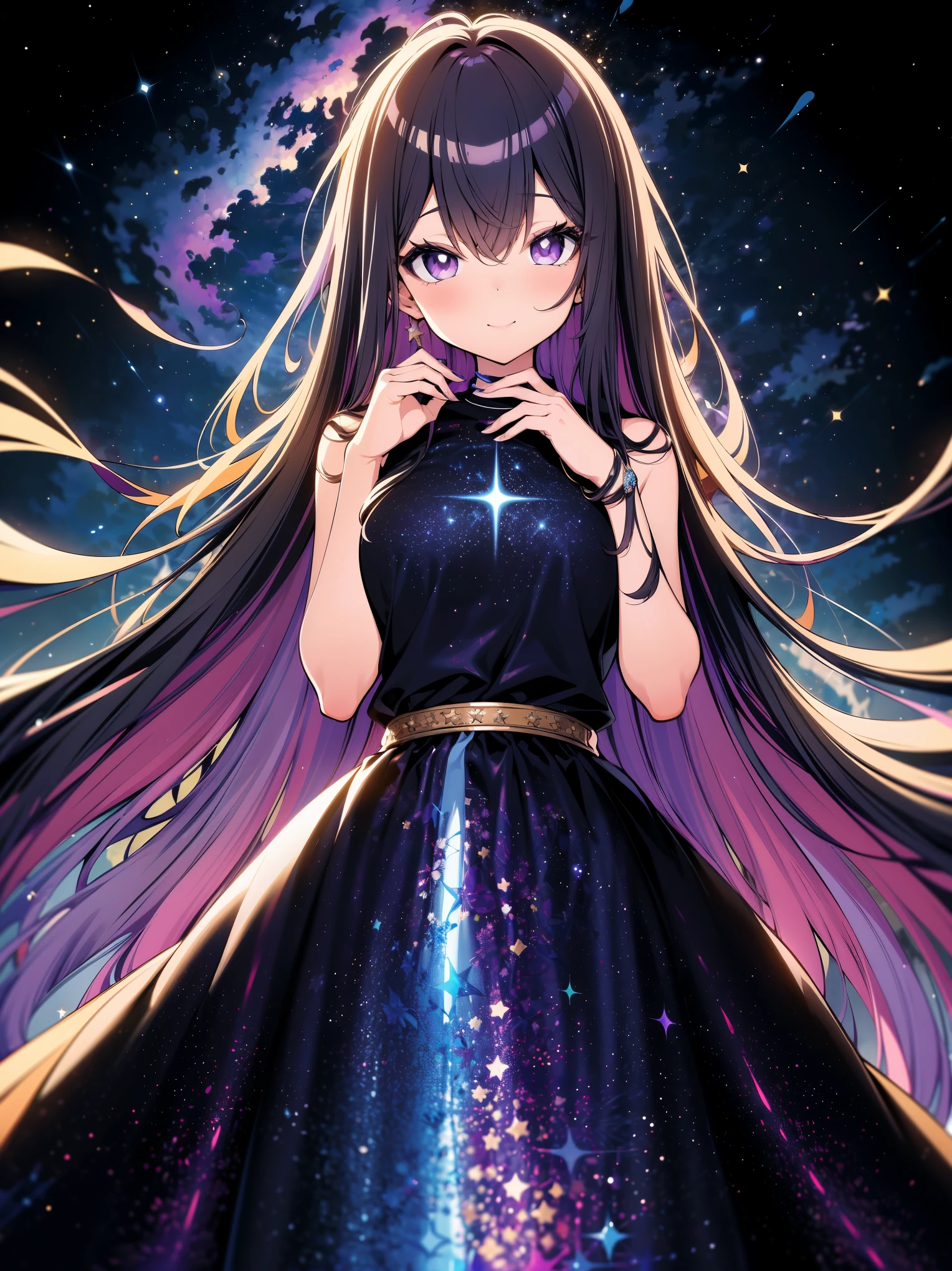 (cowboy shot), (best quality, ultra-high resolution, depth of field:1.2), adult, 1woman, purple eyes, long colorful hair, wearing a starry dress, The Milky Way stretches to the horizon, Elegant twirl in long skirt, deep indigo and violet shades, A feeling of wonder and vastness of the universe, illustration, oil painting on canvas, gentle smile