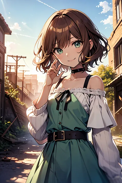 shoko sashinami, valvrave, 1 girl, brown hair, short hair, green eyes, fantasy world, ruins, fort, beautiful sky, shining sky, s...