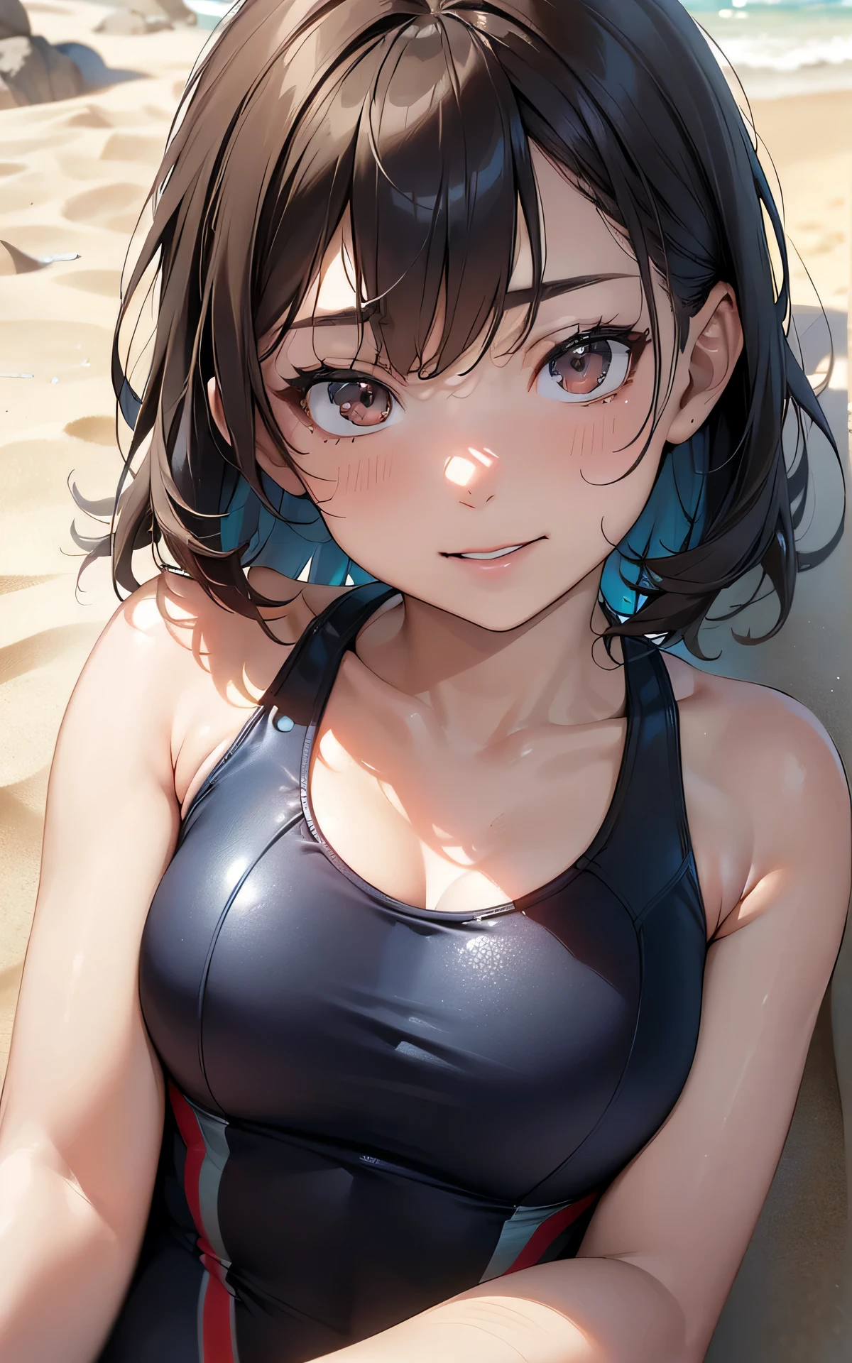 absurderes:2.0、(High leg cut racing swimsuit:1.3、lie down on the sand:1.4、upper body:1.3)、realistic, Unity 8K Wallpaper, Masterpiece, Realistic face, Realistic skin feeling ,detailed hair, highly detailed, realistic glistening skin, Cute Girl, Perfect face, charming face, Glossy skin, embarrassed, smile,
