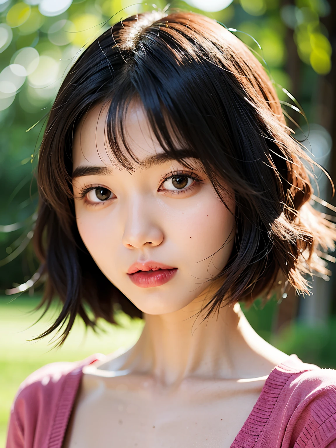 There is a young girl in a pink shirt, short hair, 短curls with bangs, Urzan, young cute korean face, korean girl, hair with bangs, 🤤 girl portrait, Samu rice paste, 棕色刘海short hair, 8k photos, Chen Sumi, 美丽的年轻korean girl，curls，short hair