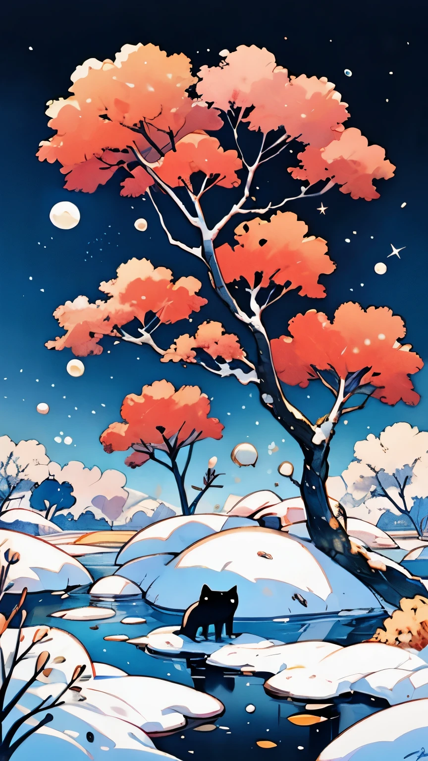 abstract minimalist-style landscape,artist name,black cat,branch,circle,cloud,cloudy sky,fire,fireworks,full moon,galaxy,light particles,moon,nature,outdoors,plant,pool,potted plant,red sky,signature,sky,snow,solo,space,starry sky,starry sky print,sun,tree,watercraft,