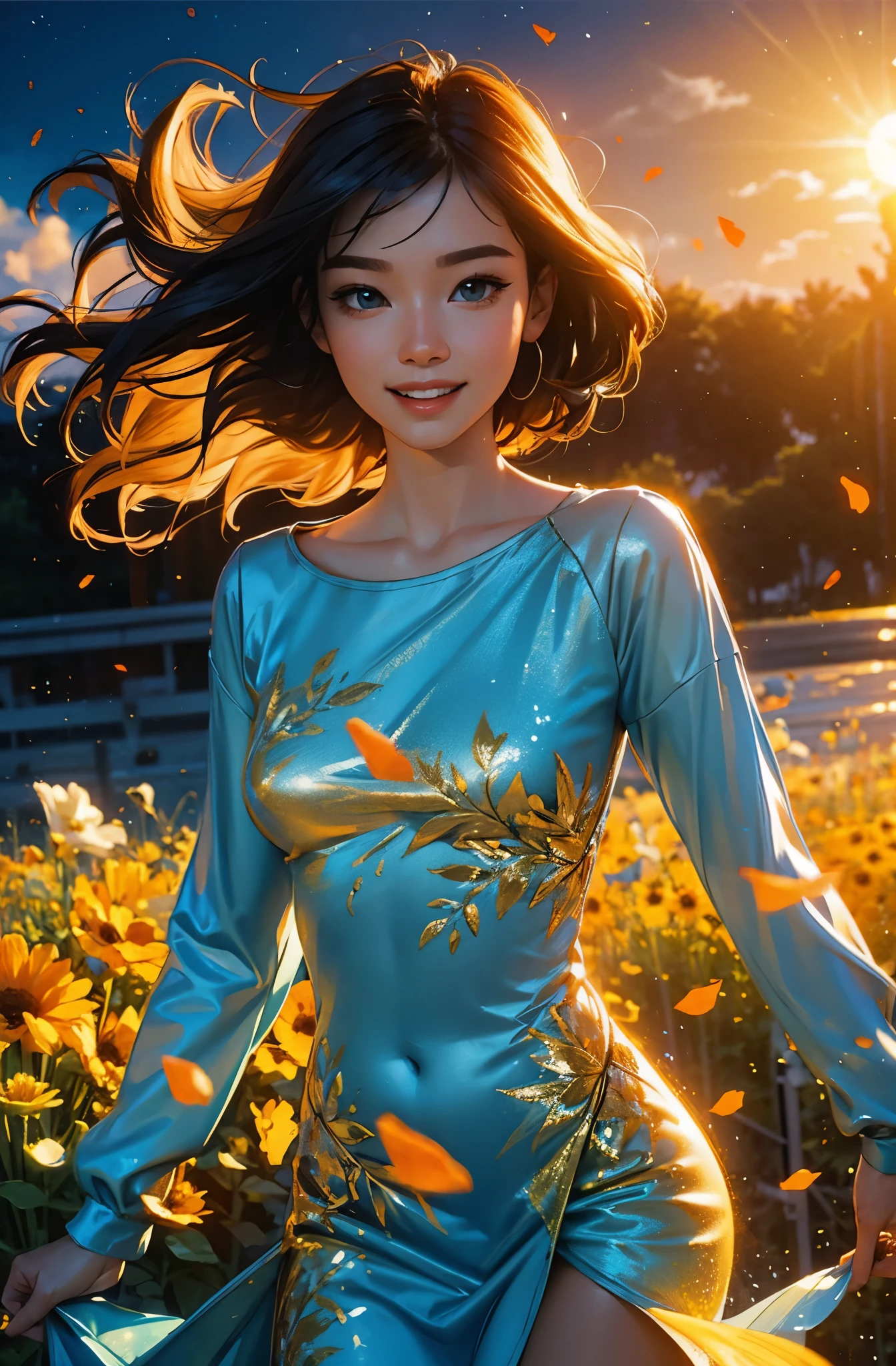 award winning digital art, half body portrait of a beautiful woman in a Tang dress, navy blue teal hairstyle with head in motion and long hair flying, big smile, sparkling eyes, sexy, in a flower field, golden sunset, particles dust, glitter, paint splashes, splatter, outrun, vaporware, shaded flat illustration, digital art, trending on artstation, highly detailed, fine detail, intricate