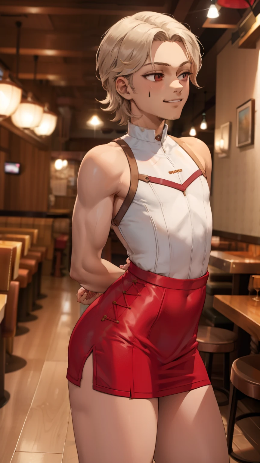 Anime girl in red leather shorts and white shirt posing in a restaurant -  SeaArt AI