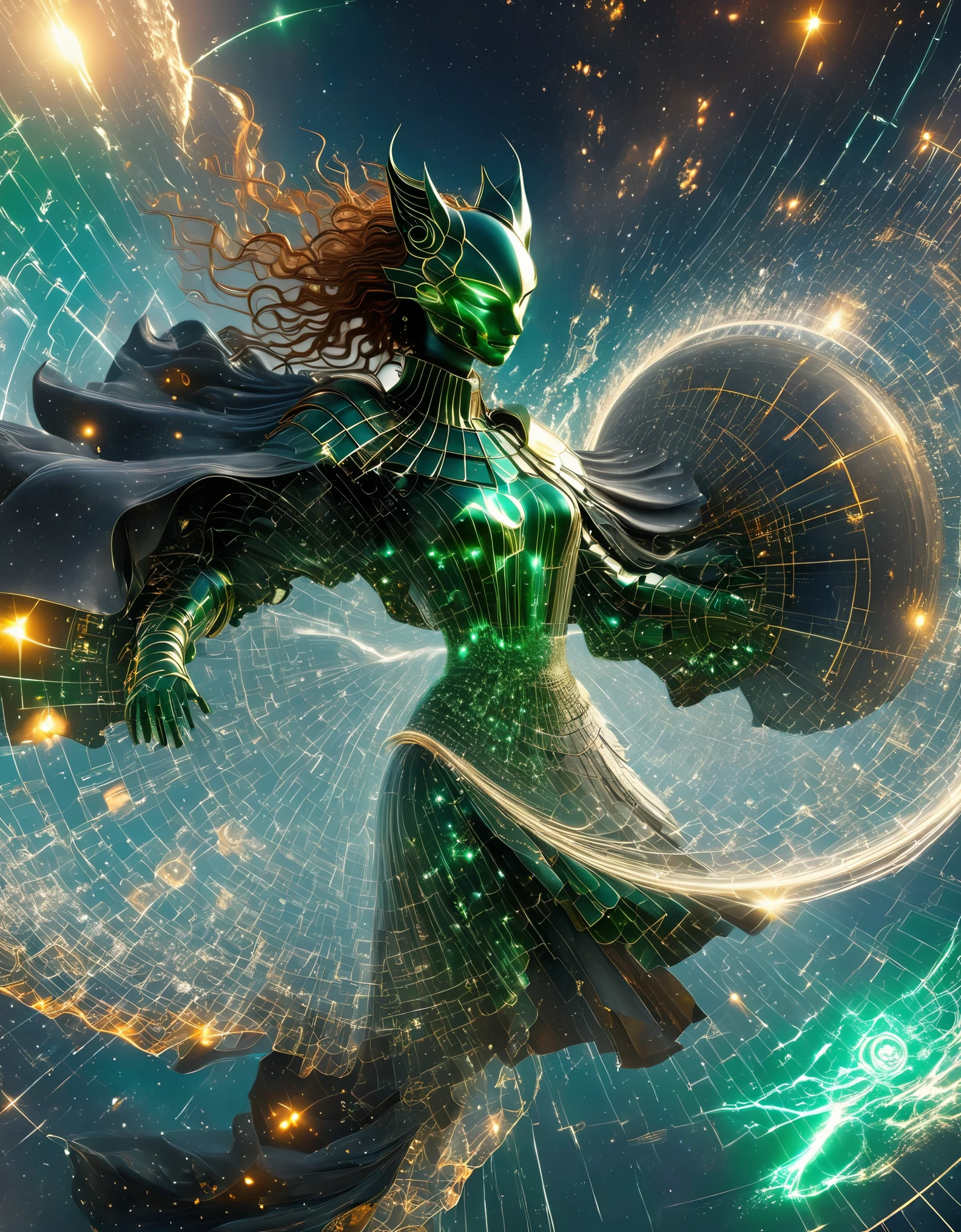 (Magic Formation), a very unified CG design, 3D renderings, mysterious geometry, sharp focus, (transparent ghost face magician floating in front of the Twelve Constellations Magic Formation), (beautiful witch with nine arms: 0.85), (each arm dragging various constellation symbols and magic balls and crows: 0.65), super long red hair，blue eyes，orange cat orange cat, exceptionally charming sapphire blue eyes, robe, green dragon crescent sword, carved long sword, clear Mobius ring, and the collapse of heaven and earth, Clear magic symbols, combination magic arrays, summoning, material and non-material transformations, gold cultivation and other complex combination rituals, adopting the Mike Winkelman style, surrealism, surrealism, surreal digital art, Visual Exaggeration, Nanopunk, Atompunk, Assembly, Circuit, Light Painting, Aries, etc, ♈ Hey Taurus, ♉ Hey Gemini, ♊ Hey, Cancer, ♋ Hey, Scorpio, ♏ Hey, Libra, ♎ Ah, Virgo, ♍ Hey Leo, ♌ Ah, Sagittarius ♐ Hey Capricornus, ♑ Ah, Aquarius, ♒ Hey, Pisces, ♓ Um, Unreal engine, octane render, V-Ray, high detail, high quality, high resolution, surrealism, 16K, super wide angle, satellite view, biomedical science，