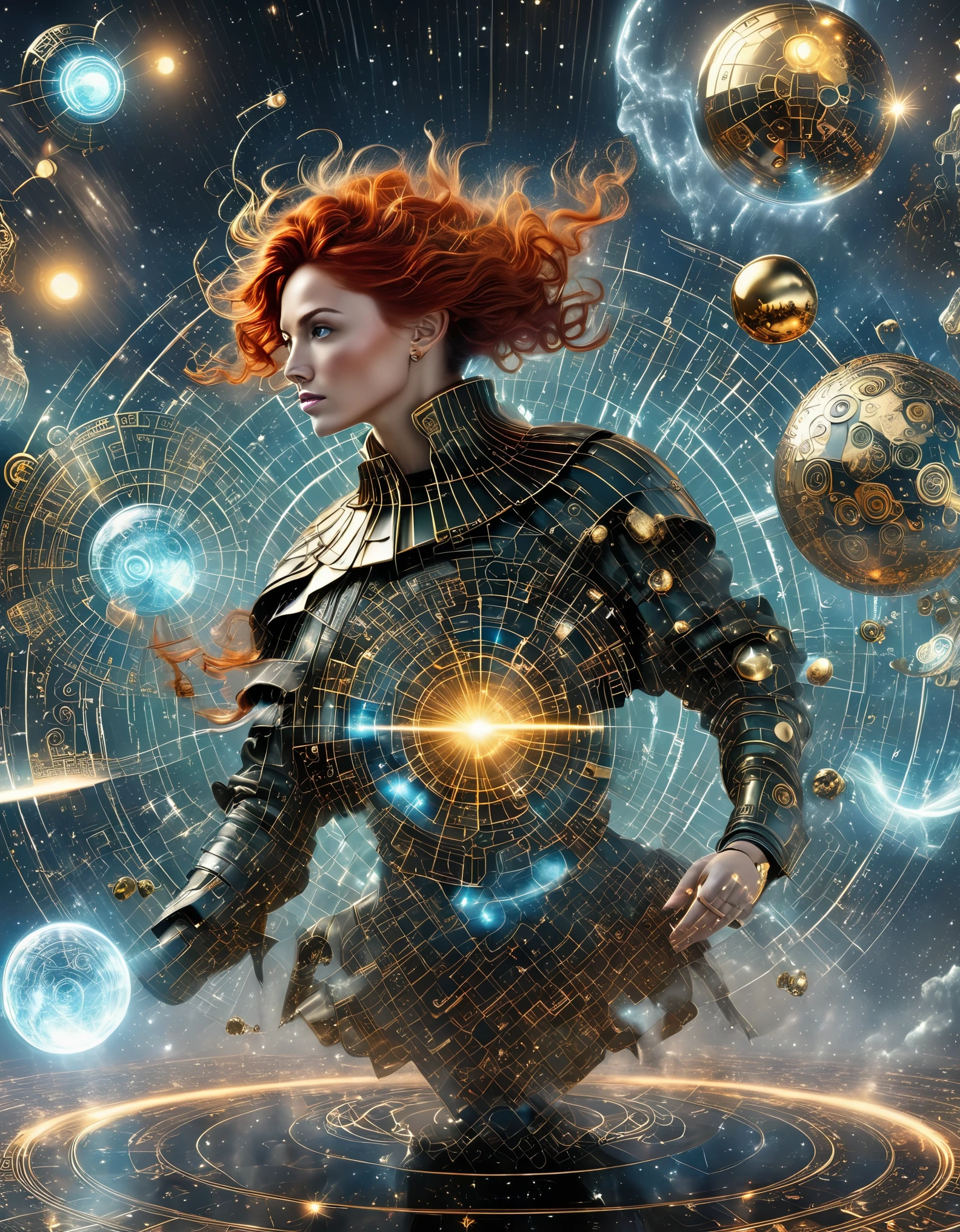 Magic formation, 3D renderings, mysterious geometry, sharp focus, (transparent ghost faced magician floating in front of the twelve zodiac magic formation), beautiful witch with nine arms, each dragging various zodiac symbols, magic ball, crow, orange cat, exceptionally charming blue eyes, robe, green dragon crescent sword, carved long sword, clear Mobius ring, heaven and earth collapse, clear magic symbols, combination magic formation, summoning, Complex combination rituals such as material and non-material transformation, gold cultivation, etc., using the Mike Winckelman style, surrealism, surrealism, surreal digital art, Visual Exaggeration, Nanopunk, Atompunk, Assembly, Circuit, Light Painting, Aries, etc, ♈ Hey Taurus, ♉ Hey Gemini, ♊ Hey, Cancer, ♋ Hey, Scorpio, ♏ Hey, Libra, ♎ Ah, Virgo, ♍ Hey Leo, ♌ Ah, Sagittarius ♐ Hey Capricornus, ♑ Ah, Aquarius, ♒ Hey, Pisces, ♓ Um, Unreal engine, octane render, V-Ray, high detail, high quality, high resolution, surrealism, 16K, super wide angle, satellite view, biomedical science，Red hair，