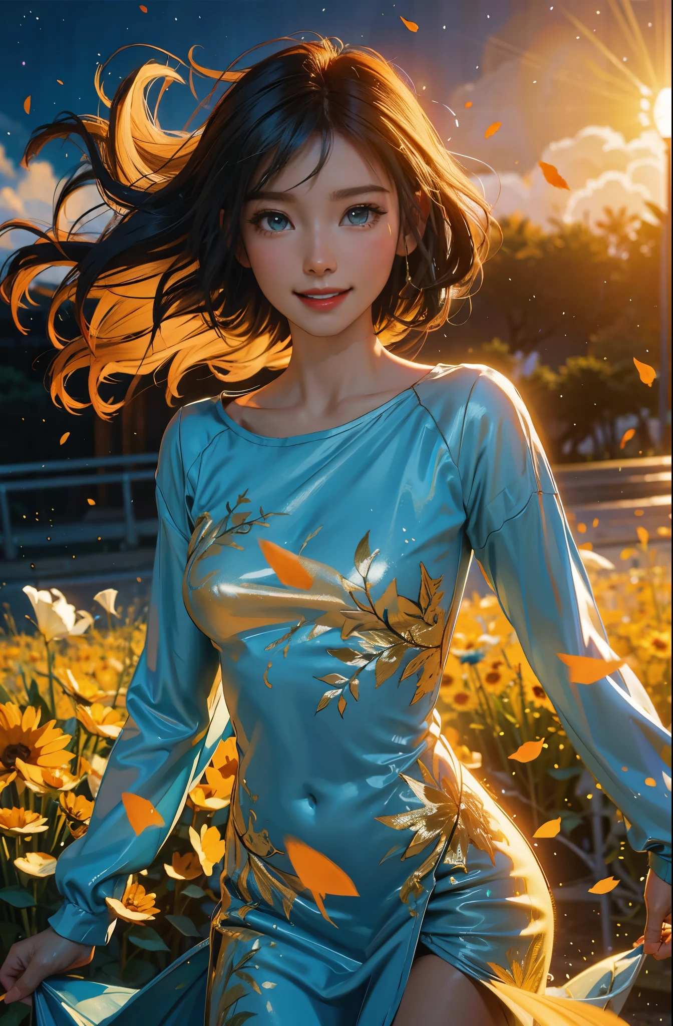 award winning digital art, half body portrait of a beautiful woman in a Tang dress, navy blue teal hairstyle with head in motion and long hair flying, big smile, sparkling eyes, sexy, in a flower field, golden sunset, particles dust, glitter, paint splashes, splatter, outrun, vaporware, shaded flat illustration, digital art, trending on artstation, highly detailed, fine detail, intricate