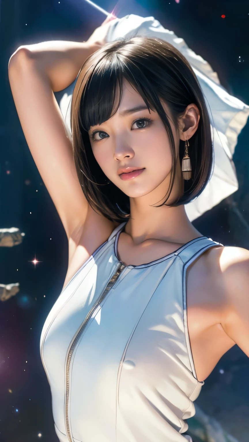 (RAW photo, highest quality), (realistic, Photoreal:1.3), 1 girl, bob cut、earrings、smile、realisticbody,old space costume、Ancient、rock、Ancient Ritual、Pyramid-shaped UFO flying from space、laser light、 ((13 year old Japanese girl)), ((armpit hair、armpit hairを見せる、raise both arms、armpit))