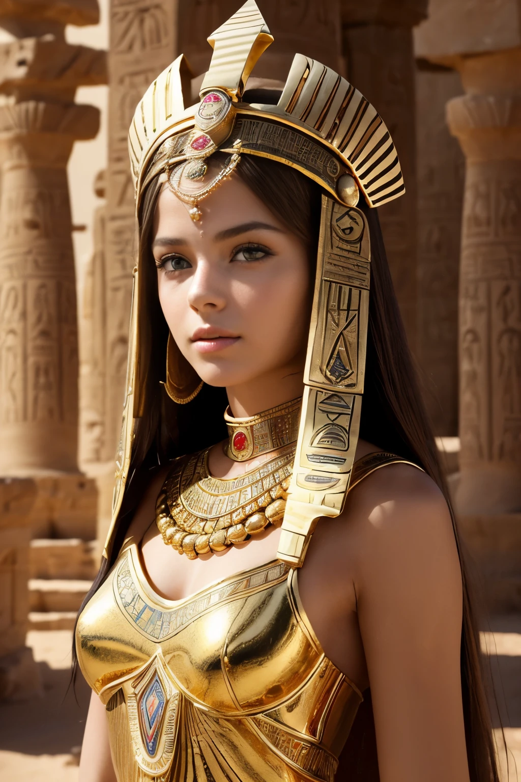 (cinematic photograph of a detailed beautiful 18-year old woman with ((facial and body characteristics that is similar to Kristina Pimenova))), (), ((Ancient Egyptian Elegance: Theme: Timeless beauty inspired by ancient Egypt. Clothing: Flowing gowns with Egyptian motifs, gold accessories. Scene: A desert landscape or a setting reminiscent of ancient temples. Props: Ankh, scarab jewelry, or a golden headdress.)), (), (), finely detailed, ultra-realistic features of her pale skin and (slender and athletic body), and (symmetrical, realistic and beautiful face), candid, (), (), (()), (), film stock photograph,  rich colors, hyper realistic, lifelike texture, dramatic lighting, strong contrast