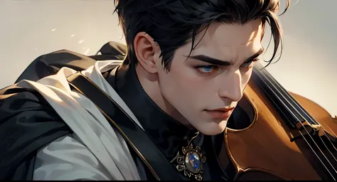 a man with chiseled face, closer and side portrait, playing a cello, black short hair, close up, Final Fantasy, handsome man, androgynous, delicate details