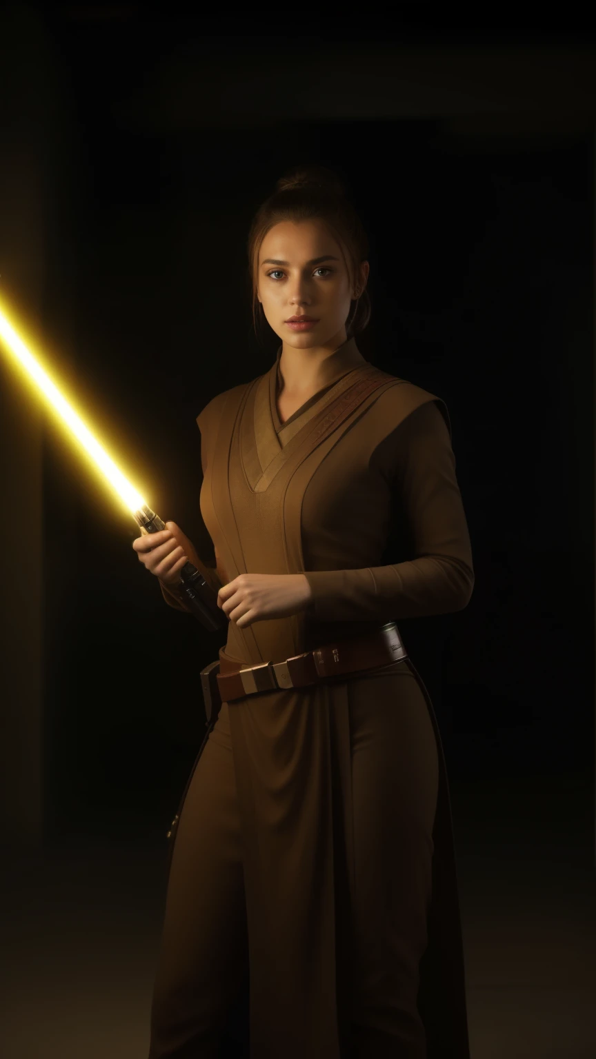 A woman in a jedi costume holding a light saber - SeaArt AI