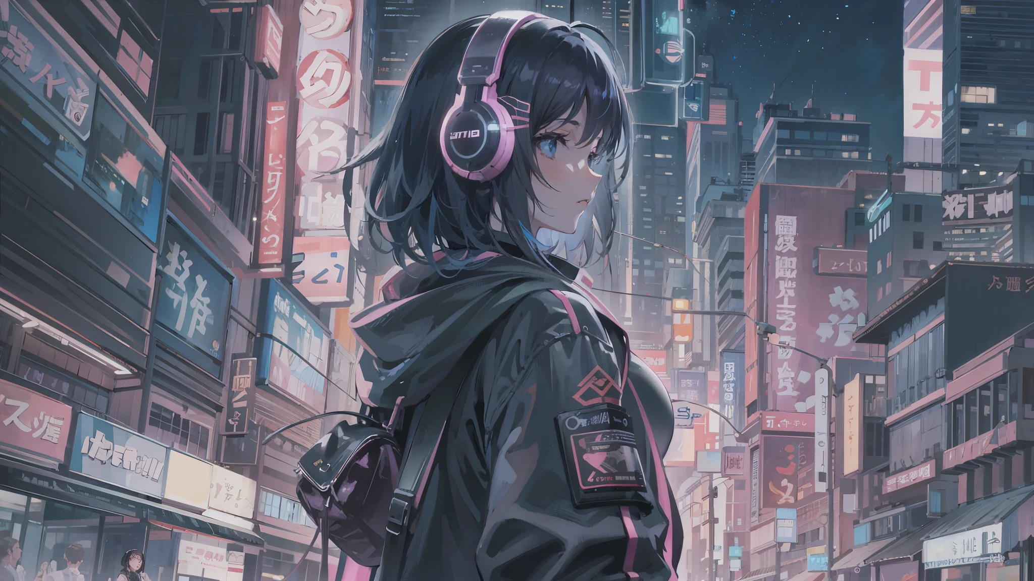 masterpiece,Anime-style illustration showing a young woman in her 20s wearing a futuristic plunging costume, facing right, Standing in the middle of the street in a cyberpunk nightlife district. she has pinkish black hair、wearing headphones. big breasts、She&#39;s still looking up at the starry sky, But her gaze and body are turned to the right side of the frame. The scene should be lively, Reflecting a cyberpunk aesthetic, Neon lights and futuristic buildings surround her. The hustle and bustle of the city continues, But she&#39;s at peace in the chaos, Immerse yourself in the sights and sounds of the night. In the image、The quiet sky above and the vibrant urban environment must be captured。, highlight her new direction.
