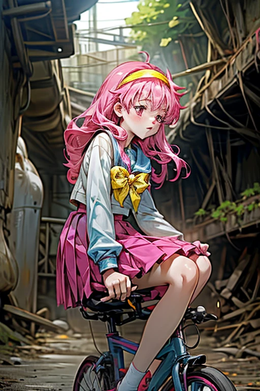 cute anime girl rides a bicycle, fujisaki shiori, yellow hairband, school uniform, serafuku, long sleeves, pleated skirt, Cave covered with pink raspberry groups,
