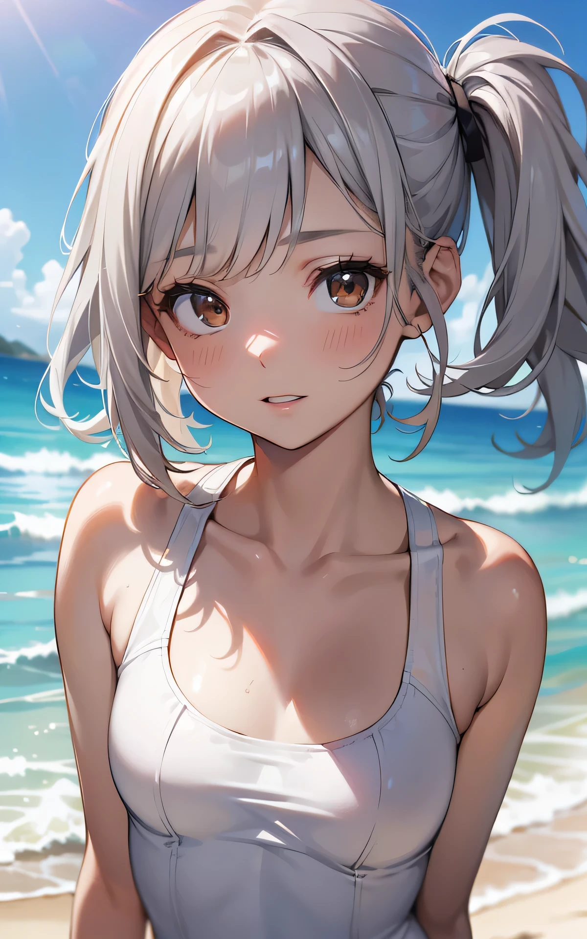 absurderes:2.0、realistic, Unity 8K Wallpaper, Masterpiece, Realistic face, Realistic skin feeling ,detailed hair, highly detailed, realistic glistening skin, Cute Girl, Perfect face, charming face, sunny beach, looking up flirtatiously, ((all white racing swimsuit:1.3, gray hair, two side up, brown eyes、small breasts)), Emphasize cleavage,
