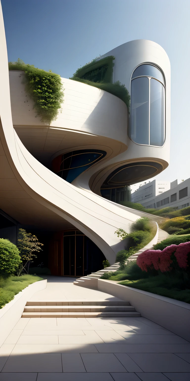 Un edificio alto en una ciudad futurista diseñado por Zaha Hadid, un edificio futurista, un edificio moderno, aceras alrededor del edificio, imaginación, una fusión entre el futuro y el pasado, Jardines colgantes, the Jardines colgantes of Babylon, sostenibilidad, tecnología del futuro, creatividad arquitectónica, nueva cultura, autosuficiencia, la proporción áurea, un hermoso edificio en el medio de la imagen, un fondo borroso, un edificio, desparramar, colores naturales, colores tranquilos, obra maestra, arte, mejor resolución