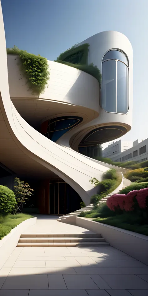 A tall building in a futuristic city designed by Zaha Hadid, a futuristic building, a modern building, sidewalks around the buil...