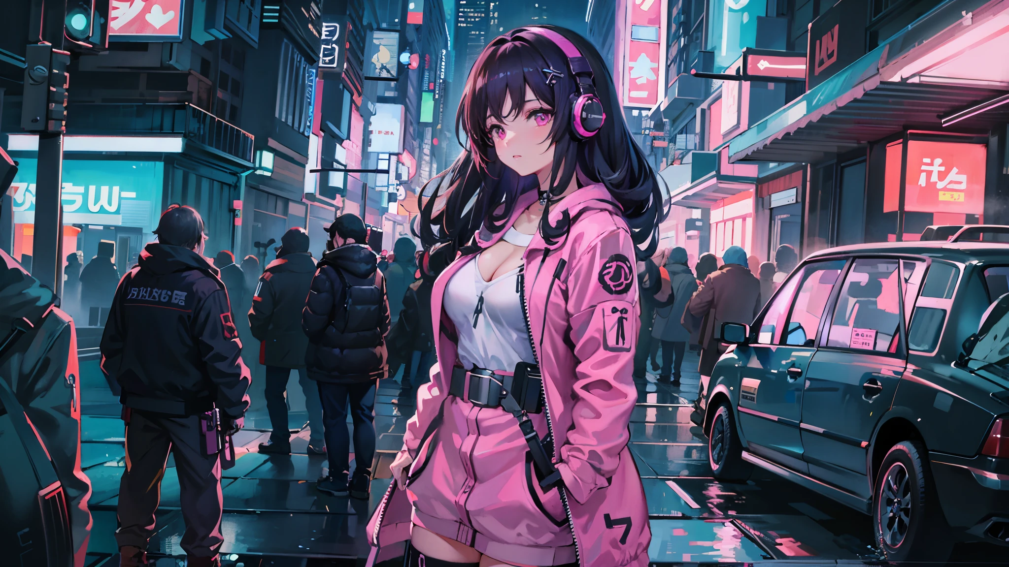 masterpiece,Anime-style illustration showing a young woman in her 20s wearing a futuristic plunging costume, facing right, Standing in the middle of the street in a cyberpunk nightlife district. she has pinkish black hair、wearing headphones. big breasts、She&#39;s still looking up at the starry sky, But her gaze and body are turned to the right side of the frame. The scene should be lively, Reflecting a cyberpunk aesthetic, Neon lights and futuristic buildings surround her. The hustle and bustle of the city continues, But she&#39;s at peace in the chaos, Immerse yourself in the sights and sounds of the night. In the image、The quiet sky above and the vibrant urban environment must be captured。, highlight her new direction.
