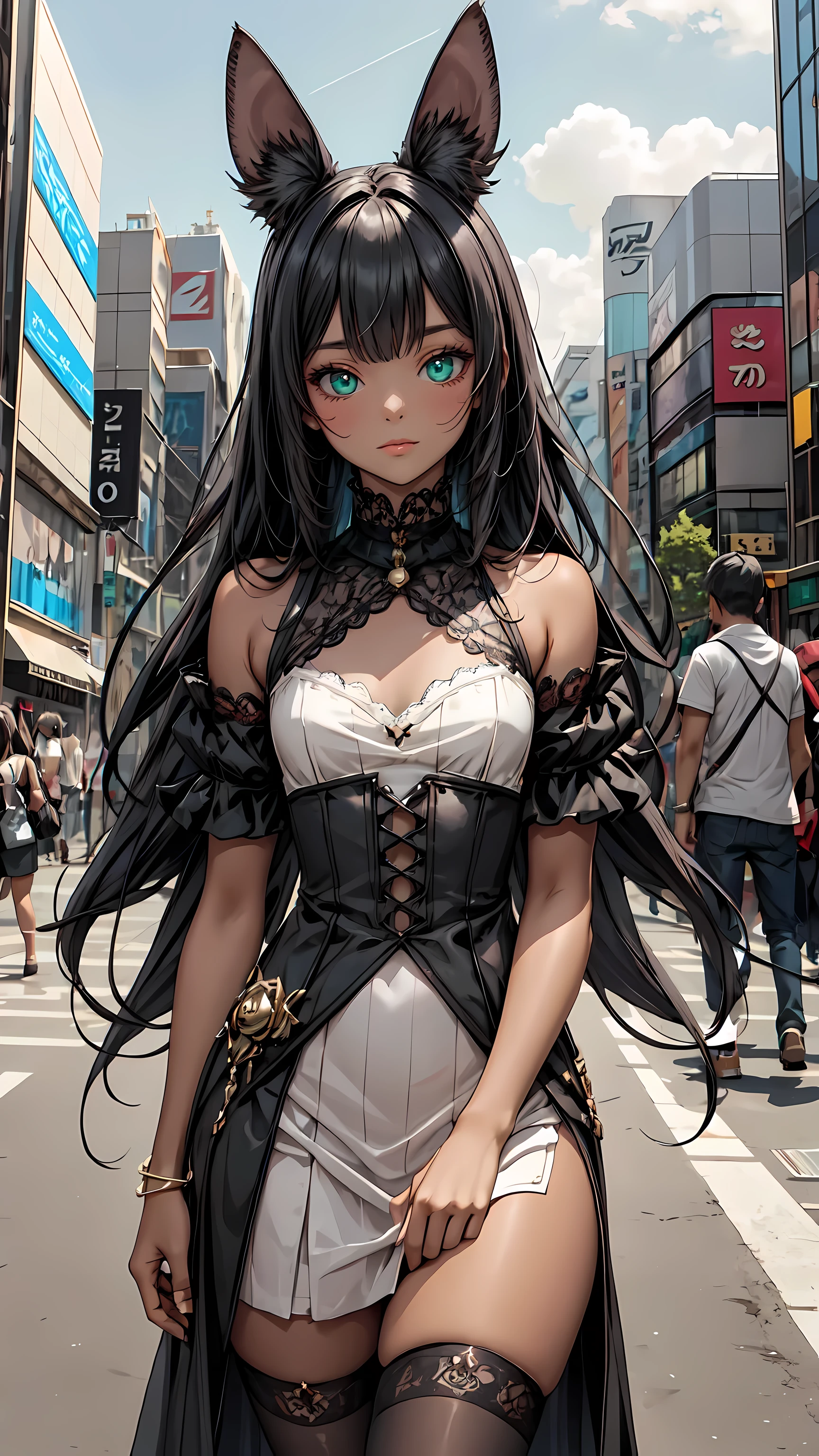 masterpiece, concept art, medium shot, centered, kalithna, (jackal ears, dark skin:1.4), long dark hair, jade green eye, intricate accessories, shy, (stylish white and pink gothic Lolita outfit), busy Shibuya Street background, volumetric lighting, epic composition, epic proportion, HD