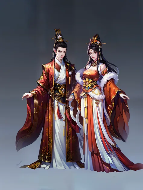 （masterpiece，super detailed，HD details，highly detailed art）1 male 1 female，couple, Half body，Xianxia，Ancient Chinese wedding dre...