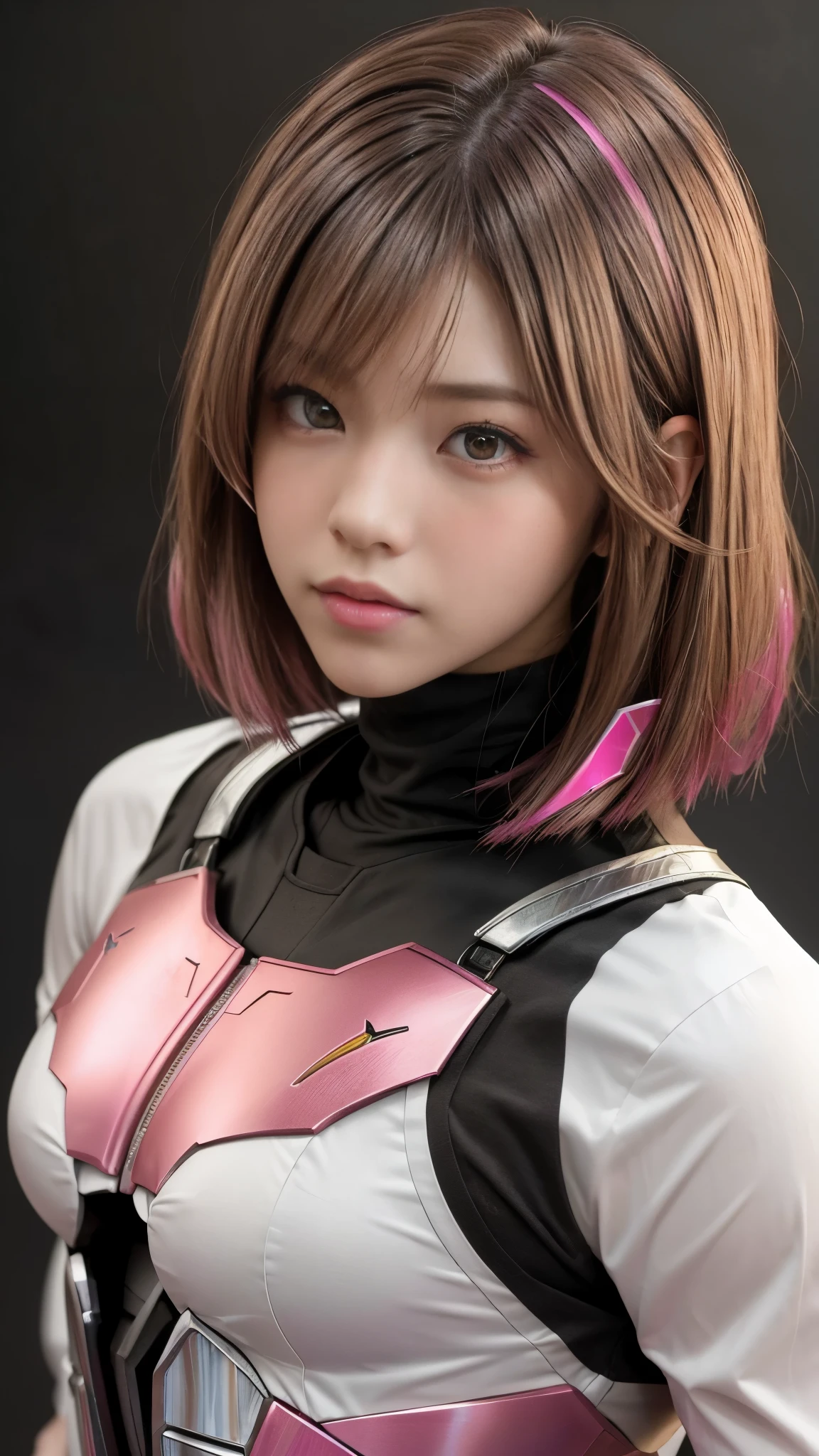 Photo of two realistic black Sazabi girls，Shortcut Bob Cut，I have a lot of hair，brown eyes，Hair color is bright pink，cool look，background is gray，16 year old daughter of Haman Khan and Char Aznable.