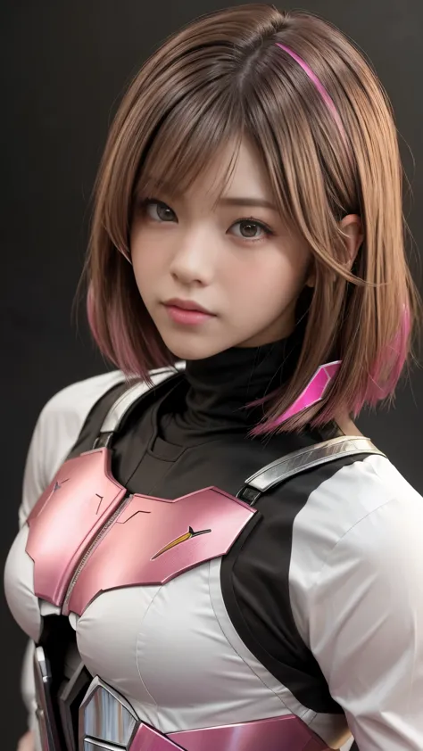 Photo of two realistic black Sazabi girls，Shortcut Bob Cut，I have a lot of hair，brown eyes，Hair color is bright pink，cool look，b...