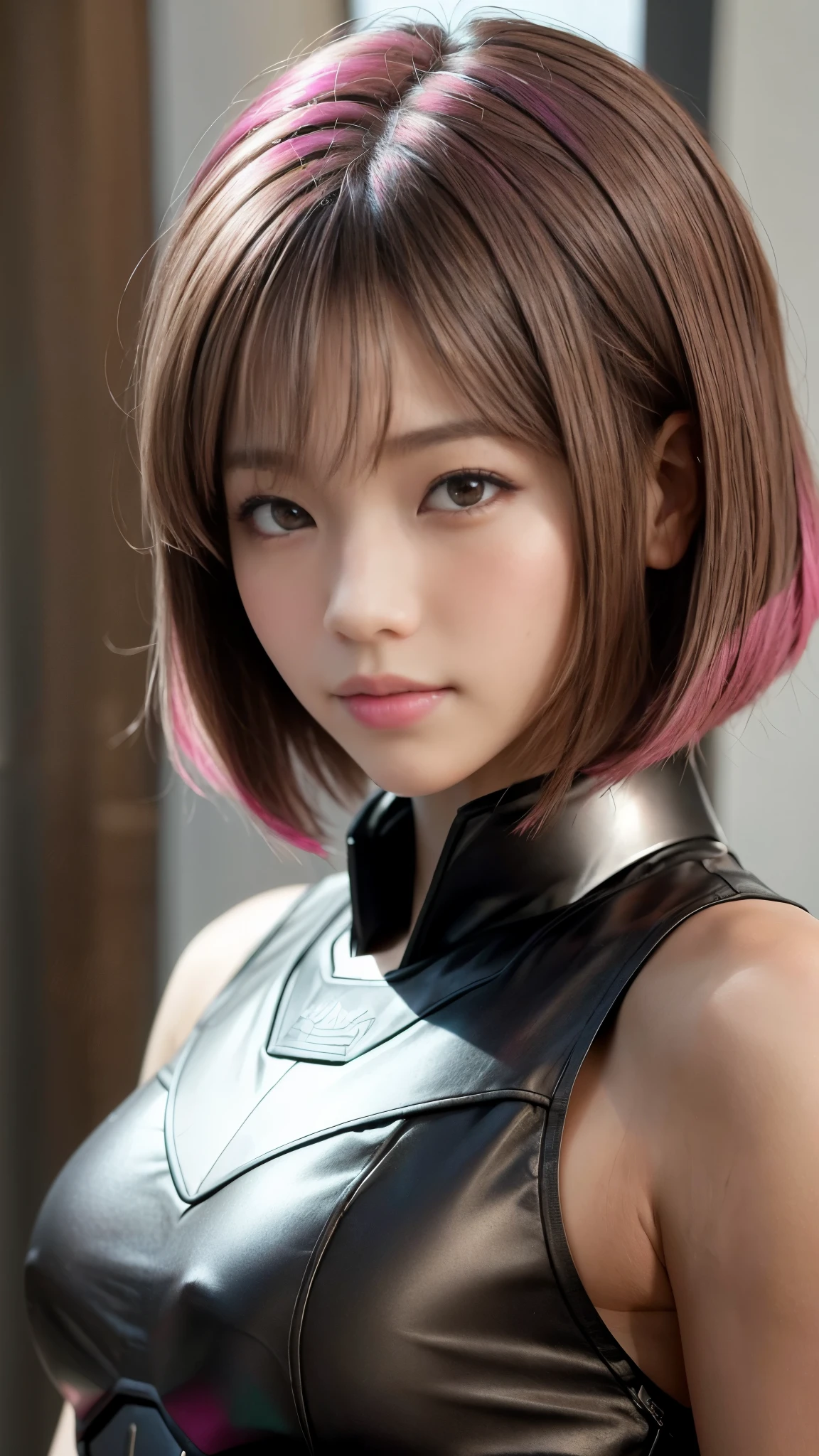 Photo of two realistic black Sazabi girls，Shortcut Bob Cut，I have a lot of hair，brown eyes，Hair color is bright pink，cool look，background is gray，16 year old daughter of Haman Khan and Char Aznable.