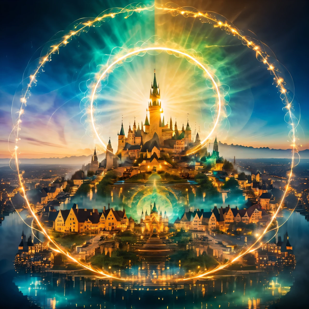 A photographic image with double exposure, energy magic circle of intertwined magical energies, magical fairy-tale city of good wizards and sorceresses, (double exposure:1.5), A high resolution, High detail, Magic world, magical image, 32K