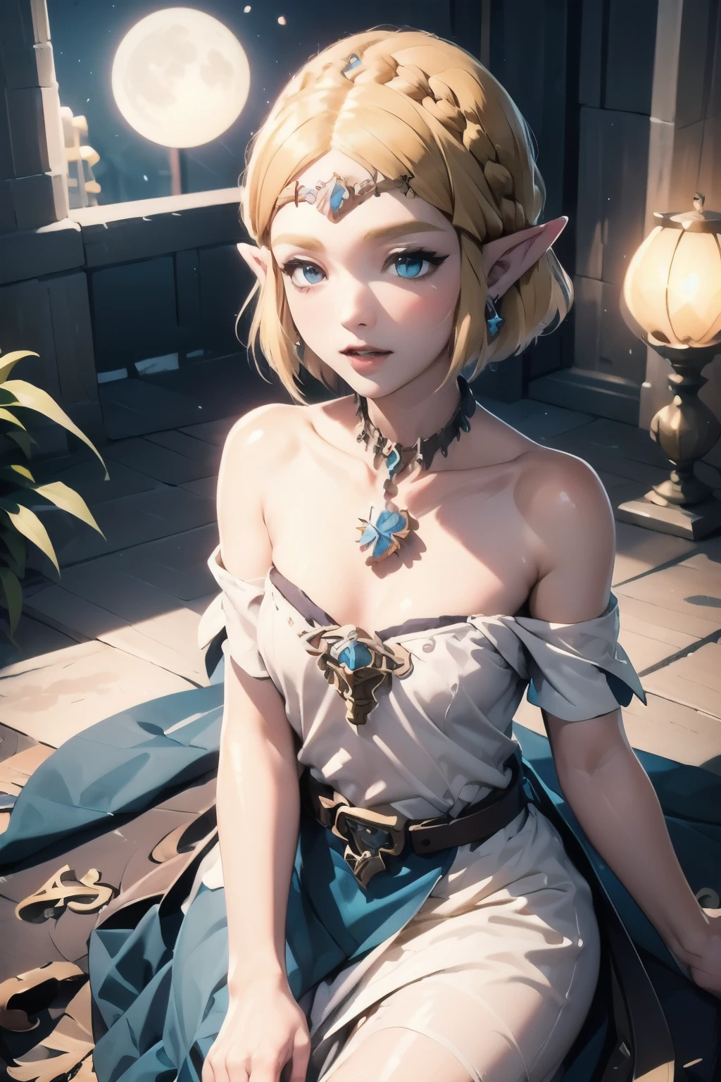 (((Best Quality))), ((Ultra-detailed)), (extremely detailed photo), ((extremely delicate and beautiful)),(Cute delicate face), ((masterpiece)), perfect anatomy, intricate, (highly detailed), masterpiece, photorealistic,A 23 years old dignified Princess Zelda,(Background of Hyrule Castle),((full moon night)),(holding Master Sword),tall girl,(gold hair and crown braid and short hair and blue eyes),alone, double eyelid,delicate skin,slender body shape,zeldatotk