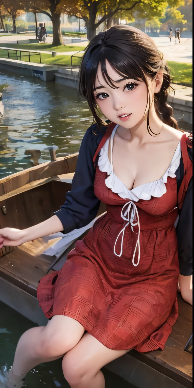 high-definition image, eyes realistic sizing, realistic skin, drooping eyes, smiling, ecstasy face, unbuttoned various patterned feminine casual dress, braid, old fashion, in the park, fall into the pond from the boat, skyscrapers,
