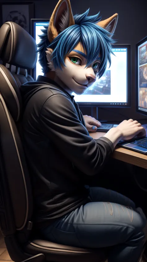 best quality:1.0), (super high resolution:1.0), anime boy, short royal blue hair, green eyes, gray zippered jacket, Nintendo t-shirt, slight smile, long blue jeans, blue and white sneakers, sitting on front of computer playing, background in esports room,