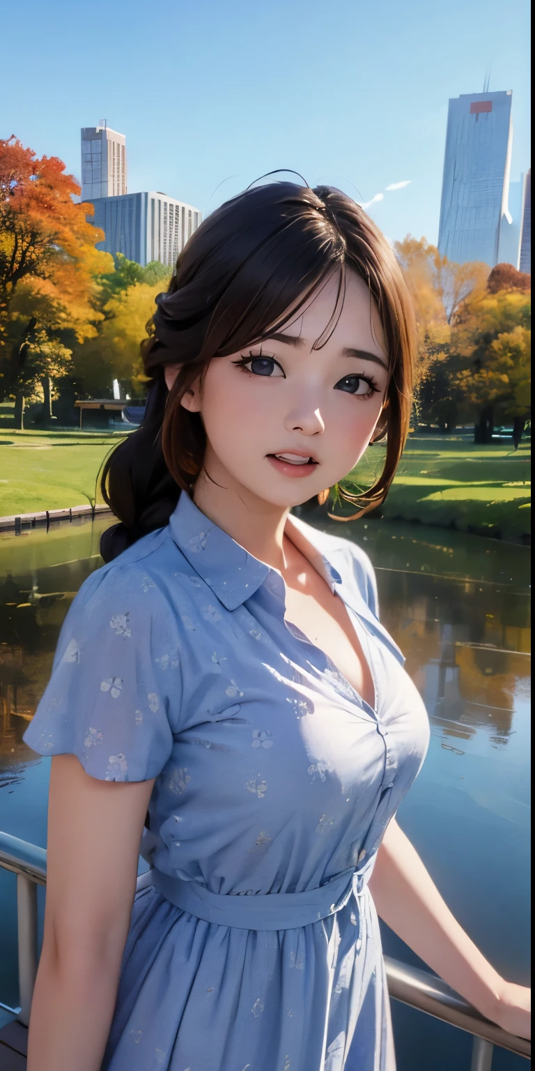 high-definition image, eyes realistic sizing, realistic skin, drooping eyes, smiling, ecstasy face, unbuttoned various patterned feminine casual dress, braid, old fashion, in the park, fall into the pond, skyscrapers,