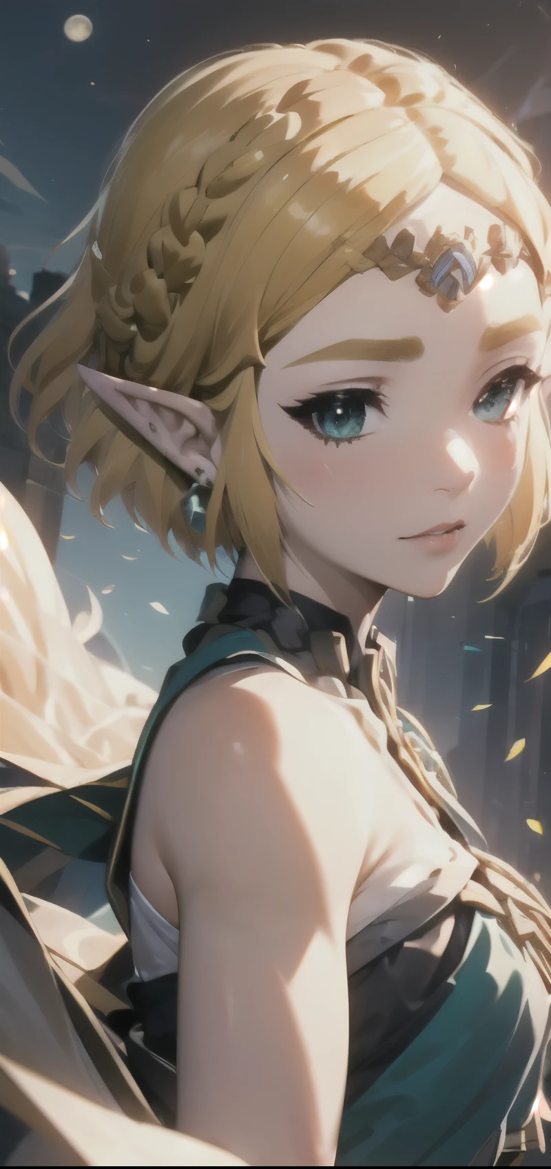 (((Best Quality))), ((Ultra-detailed)), (extremely detailed photo), ((extremely delicate and beautiful)),(Cute delicate face), ((masterpiece)), perfect anatomy, intricate, (highly detailed), masterpiece, photorealistic,A 23 years old dignified Princess Zelda,(Background of Hyrule Castle),((full moon night)),(holding Master Sword),tall girl,(gold hair and crown braid and short hair and blue eyes),alone, double eyelid,delicate skin,slender body shape,Legend of Zelda tears of the kingdom