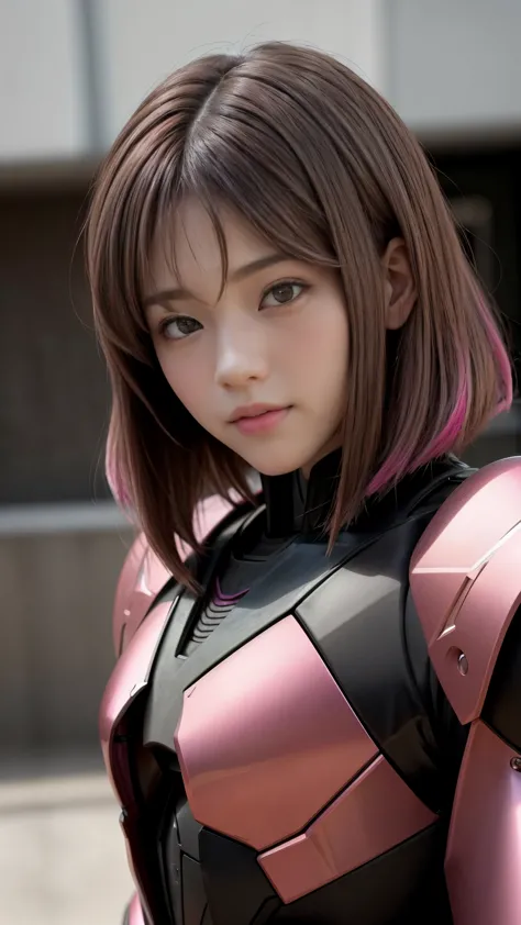 photo of two realistic black sazabi girls，shortcut bob cut，i have a lot of hair，brown eyes，hair color is bright pink，cool look，b...