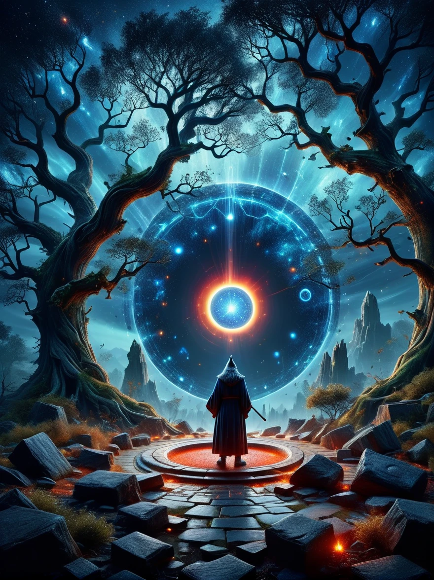 (bird&#39;s eye view:1.5)，((A wizard stands in a shimmering ancient stone magic circle and chants a spell:1.5))，(In the hexagonal red ray layout formed by the constellation adjustment:1.5)，(Mysterious runes emit an illusory blue light:1.5)，As night falls, the surroundings are filled with mysterious energy，This triggered the summoning of creatures，Whispering trees loom in the cracks in the aiery eyes burning in darkness and fear，The earth trembles，Exudes a mysterious and ominous atmosphere。This illustration has a sinister atmosphere，The ancient ruins are filled with an eerie atmosphere，Mysterious symbols cast an ominous shadow。Image quality is the best，Depicted in ultra-high detail，Presents realistic picture effects，Using HDR and UHD technology，With studio lighting，Vibrant colors。The art style is Fantasy Dark，The color palette is mainly dark blue and black，With a touch of mystery。