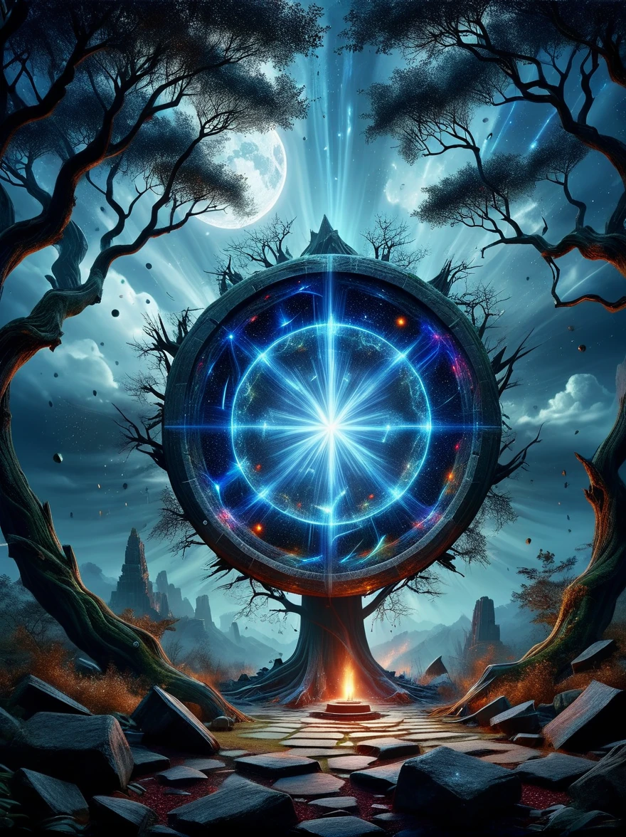 (bird&#39;s eye view:1.5)，((A wizard stands in a shimmering ancient stone magic circle and chants a spell:1.5))，(In the hexagonal red ray layout formed by the constellation adjustment:1.5)，(Mysterious runes emit an illusory blue light:1.5)，As night falls, the surroundings are filled with mysterious energy，This triggered the summoning of creatures，Whispering trees loom in the cracks in the aiery eyes burning in darkness and fear，The earth trembles，Exudes a mysterious and ominous atmosphere。This illustration has a sinister atmosphere，The ancient ruins are filled with an eerie atmosphere，Mysterious symbols cast an ominous shadow。Image quality is the best，Depicted in ultra-high detail，Presents realistic picture effects，Using HDR and UHD technology，With studio lighting，Vibrant colors。The art style is Fantasy Dark，The color palette is mainly dark blue and black，With a touch of mystery。