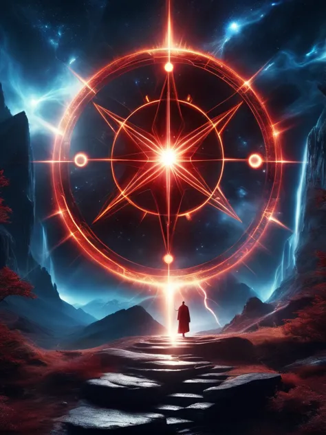 （dark fantasy），（super wide angle），((Ancient dark red summoning magic circle，Six pointed star layout，Constellation Alignment，Myst...