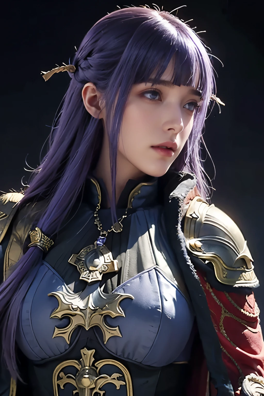 masterpiece，best quality，high resolution，8k，((portrait))，(Head close-up)，original photo，real picture，digital photography，(Medieval fantasy female adventurer)，(Female adventurer of the Middle Ages)，25 year old female，(Hair ink blue gradient)，long purple hair，Red eyes，(Purple gray gradient long hair，purple)，(big breasts)，Luxurious ornaments，open lips，Keep your mouth beautiful and attractive，((frown))，Serious and arrogant，Calm and handsome，(medieval leather，Fantastic style，joint armor，Cloak，animal skin armor，coat)，photo poses，medieval characters medieval fantasy style，night city background，oc render reflection texture