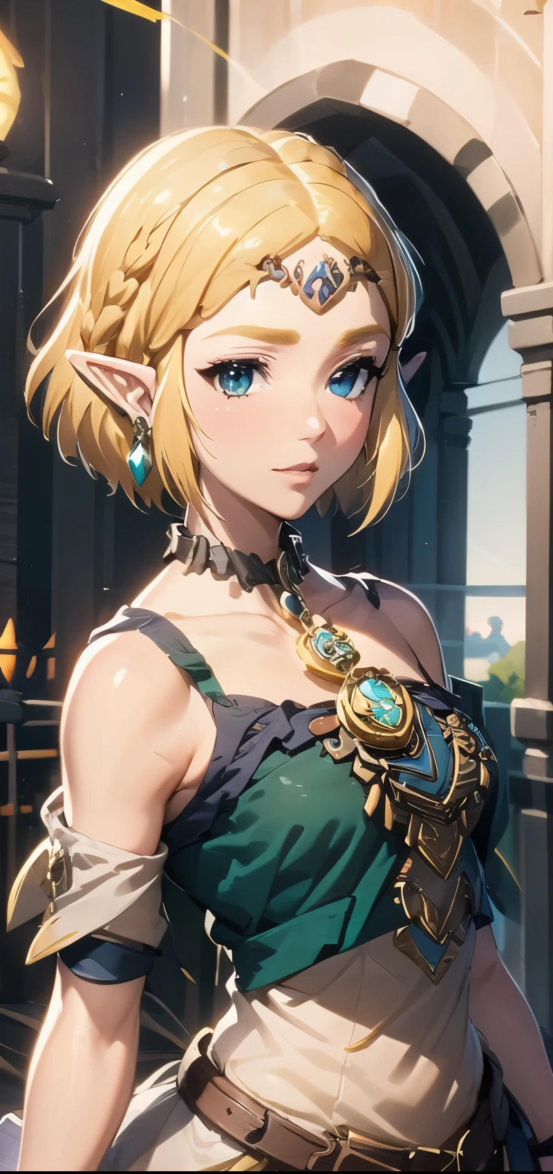 (((Best Quality))), ((Ultra-detailed)), (extremely detailed photo), ((extremely delicate and beautiful)),(Cute delicate face), ((masterpiece)), perfect anatomy, intricate, (highly detailed), masterpiece, photorealistic,A 23 years old dignified Princess Zelda,(Background of Hyrule Castle),(holding Master Sword),tall girl,(gold hair and crown braid and short hair and blue eyes),(Dynamic pose),alone, double eyelid,delicate skin,slender body shape,Legend of Zelda tears of the kingdom