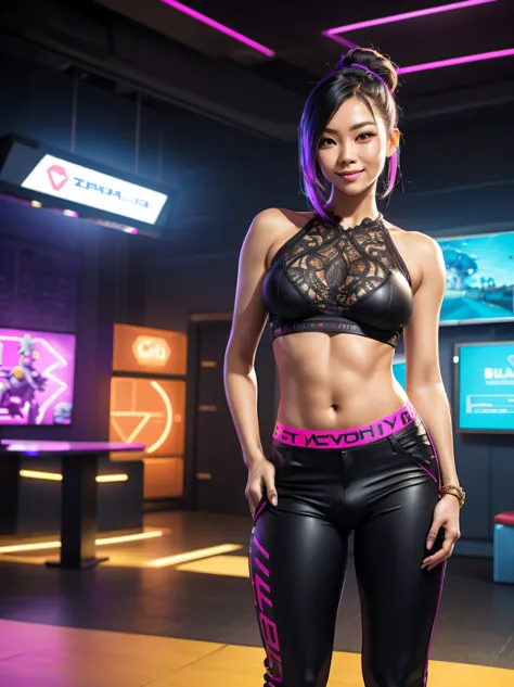(((Masterpiece))), extremely realistic, vivid details, extremely detailed, 4k, Extremely cute Asian African American transsexual woman standing in a reception of a gaming studio, she is welcoming you to our game studio, (in front of gaming studio, receptio...